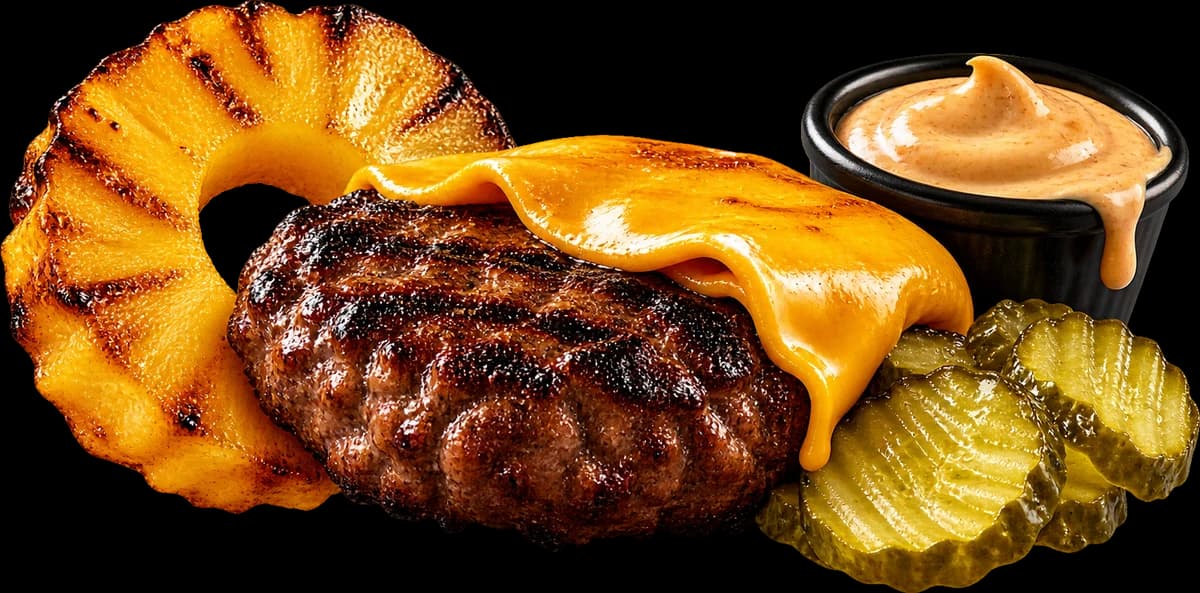 Grilled pineapple, a beef patty with melted cheese, pickles and sauce
