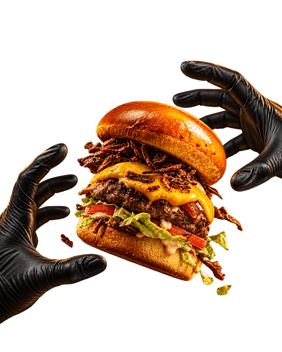 Double beef burger with melted cheese and crispy onions