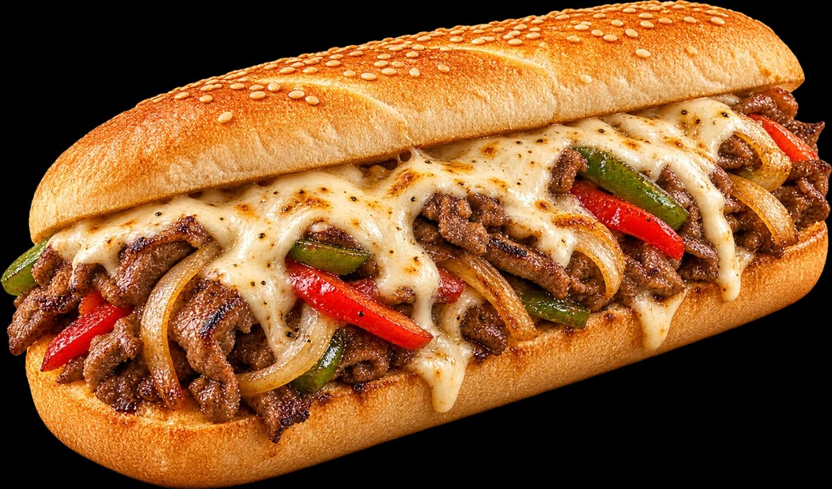 Philly cheese steak sub loaded with beef, peppers and onions