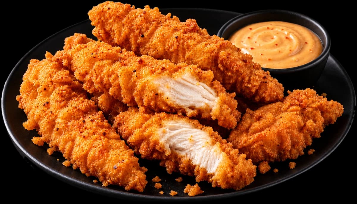 Crispy chicken tenders on a black plate with a spicy dip